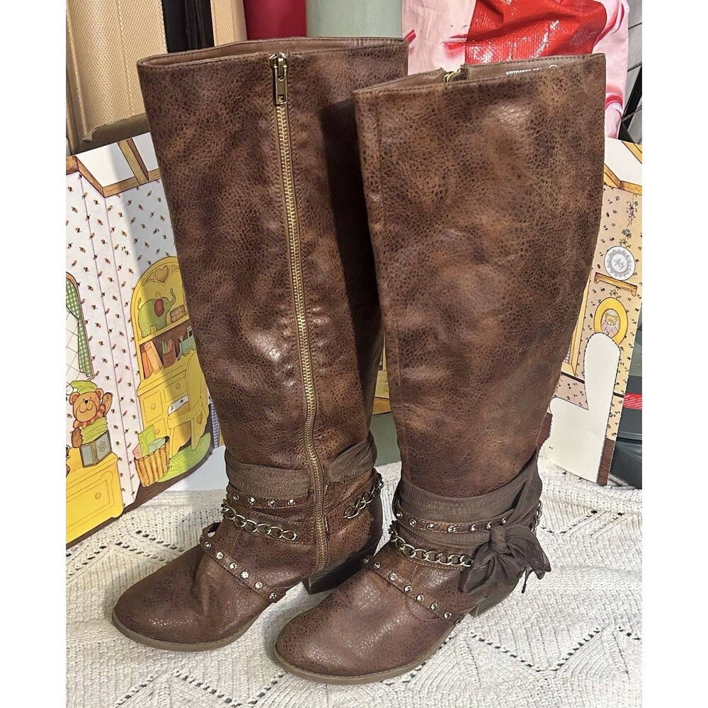 Not Rated Knee High Boots Womens 7.5 Brown Distressed Faux Leather Chain Studded